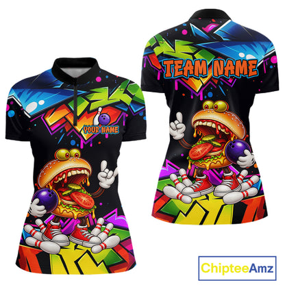 Custom Colorful Burger Bowling Shirts for Women Funny Bowling Team Jersey Bowling Outfit QZT1274