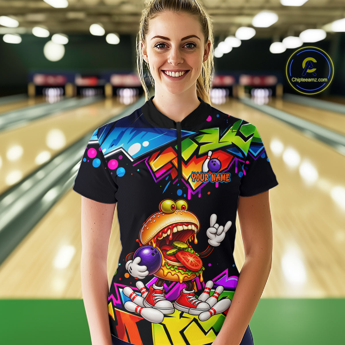 Custom Colorful Burger Bowling Shirts for Women Funny Bowling Team Jersey Bowling Outfit QZT1274
