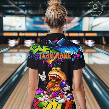 Custom Colorful Burger Bowling Shirts for Women Funny Bowling Team Jersey Bowling Outfit QZT1274