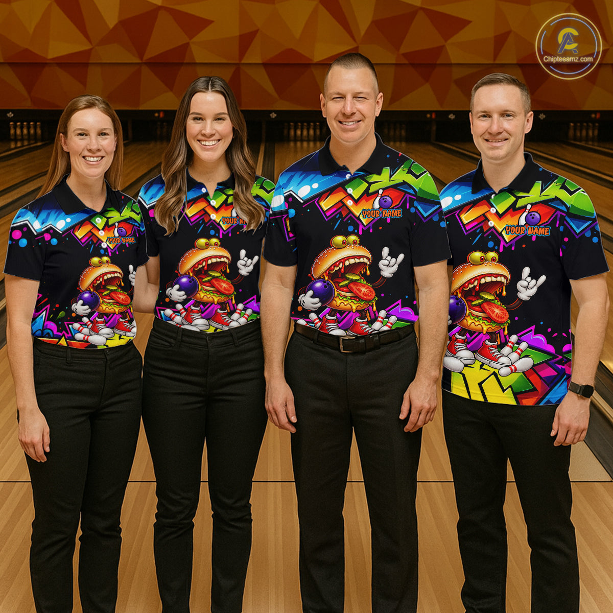 Custom Colorful Burger Bowling Shirts for Men Funny Bowling Team Jersey Bowling Outfit QZT1274