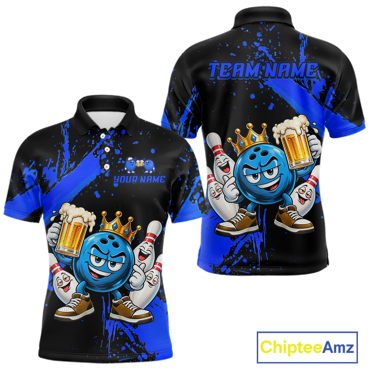 Custom Blue Funny Beer Bowling Shirts for Men Crown Bowling Team Jersey Bowling Outfit QZT1275
