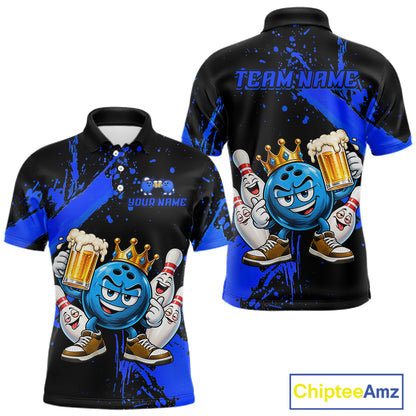 Custom Blue Funny Beer Bowling Shirts for Men Crown Bowling Team Jersey Bowling Outfit QZT1275