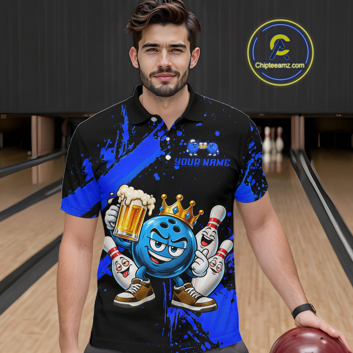 Custom Blue Funny Beer Bowling Shirts for Men Crown Bowling Team Jersey Bowling Outfit QZT1275