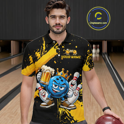 Custom Yellow Funny Beer Bowling Shirts for Men Crown Bowling Team Jersey Bowling Outfit QZT1275