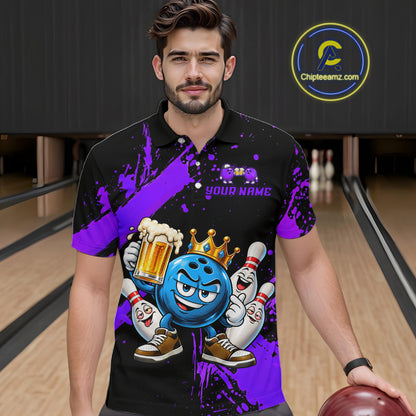 Custom Purple Funny Beer Bowling Shirts for Men Crown Bowling Team Jersey Bowling Outfit QZT1275