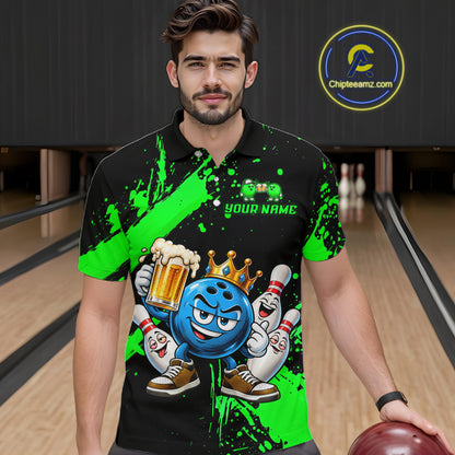 Custom Green Funny Beer Bowling Shirts for Men Crown Bowling Team Jersey Bowling Outfit QZT1275