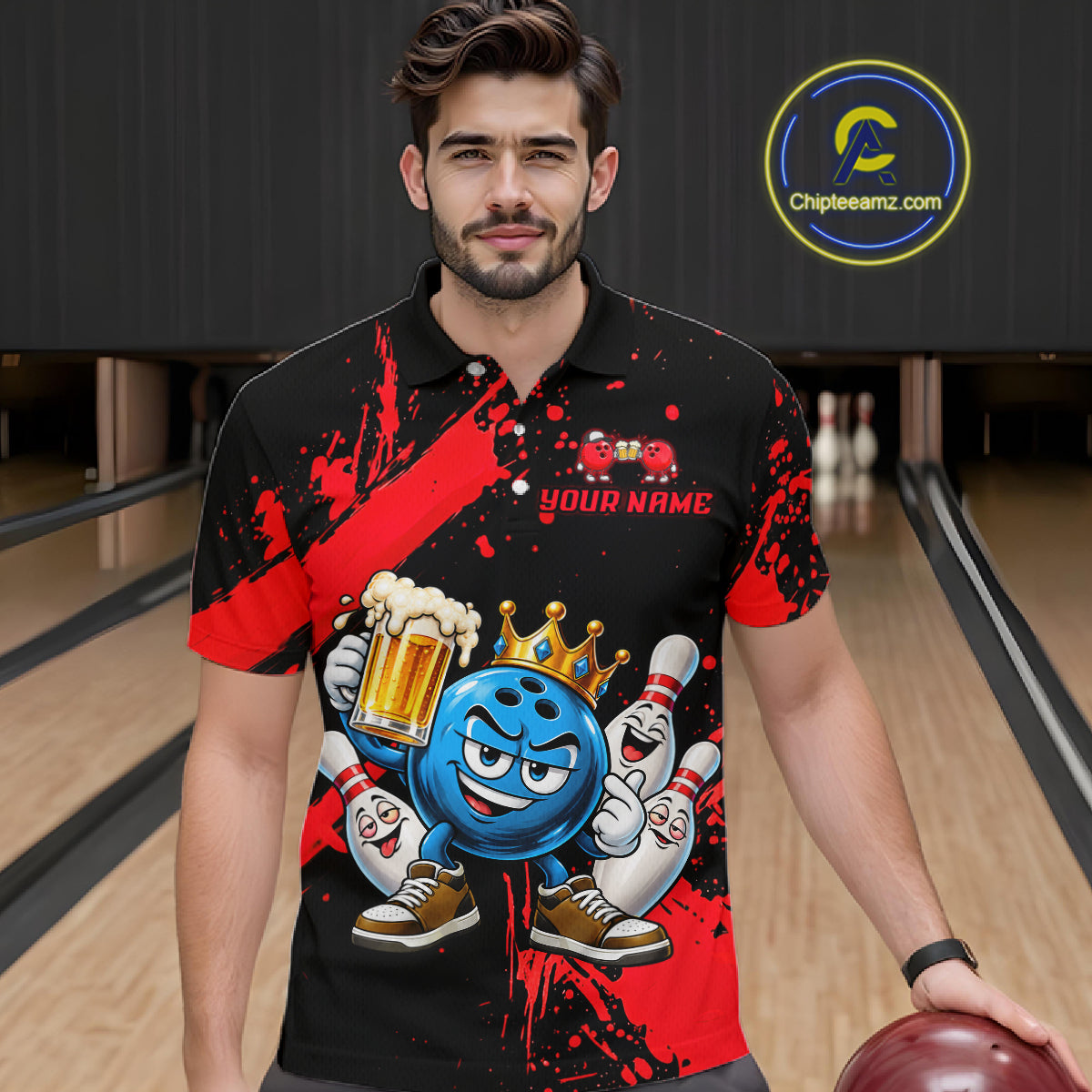 Custom Red Funny Beer Bowling Shirts for Men Crown Bowling Team Jersey Bowling Outfit QZT1275