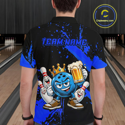 Custom Blue Funny Beer Bowling Shirts for Men Crown Bowling Team Jersey Bowling Outfit QZT1275