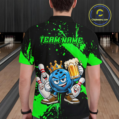 Custom Green Funny Beer Bowling Shirts for Men Crown Bowling Team Jersey Bowling Outfit QZT1275