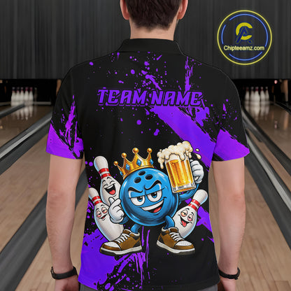 Custom Purple Funny Beer Bowling Shirts for Men Crown Bowling Team Jersey Bowling Outfit QZT1275