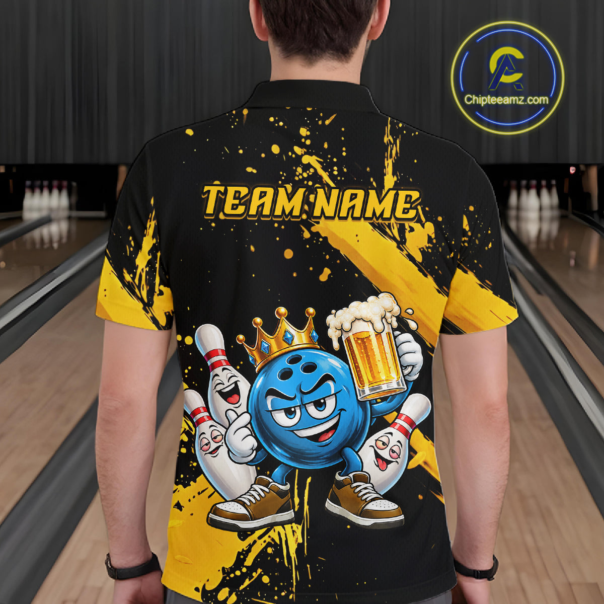 Custom Yellow Funny Beer Bowling Shirts for Men Crown Bowling Team Jersey Bowling Outfit QZT1275
