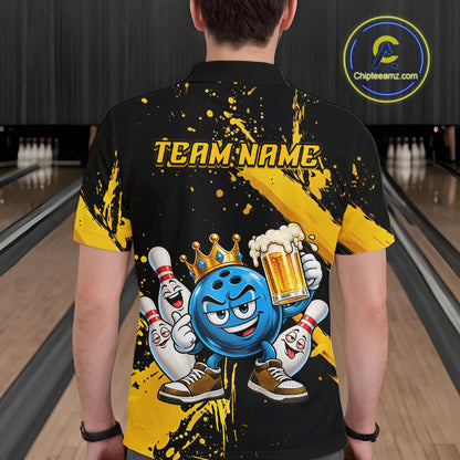Custom Yellow Funny Beer Bowling Shirts for Men Crown Bowling Team Jersey Bowling Outfit QZT1275