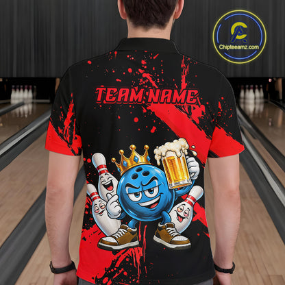 Custom Red Funny Beer Bowling Shirts for Men Crown Bowling Team Jersey Bowling Outfit QZT1275