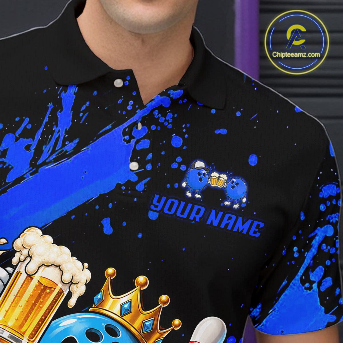 Custom Blue Funny Beer Bowling Shirts for Men Crown Bowling Team Jersey Bowling Outfit QZT1275