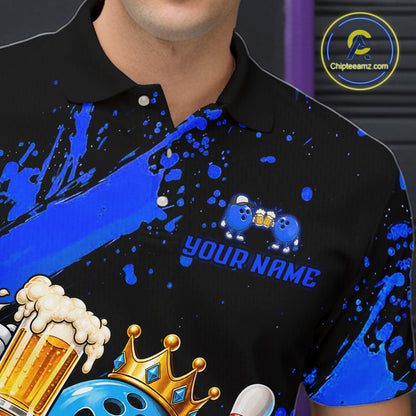 Custom Blue Funny Beer Bowling Shirts for Men Crown Bowling Team Jersey Bowling Outfit QZT1275