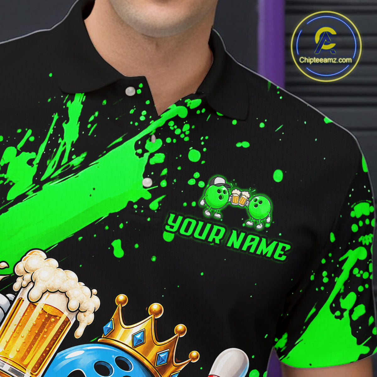 Custom Green Funny Beer Bowling Shirts for Men Crown Bowling Team Jersey Bowling Outfit QZT1275