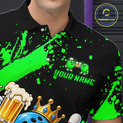 Custom Green Funny Beer Bowling Shirts for Men Crown Bowling Team Jersey Bowling Outfit QZT1275