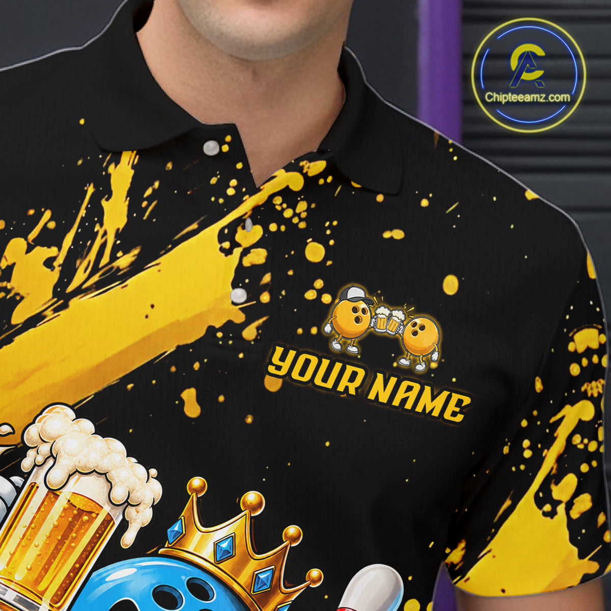Custom Yellow Funny Beer Bowling Shirts for Men Crown Bowling Team Jersey Bowling Outfit QZT1275