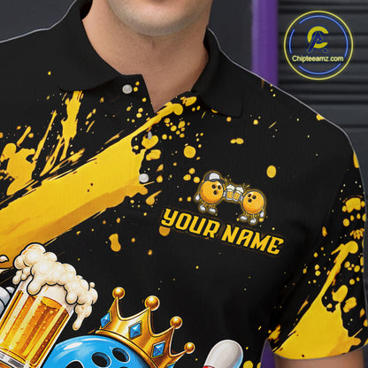 Custom Yellow Funny Beer Bowling Shirts for Men Crown Bowling Team Jersey Bowling Outfit QZT1275