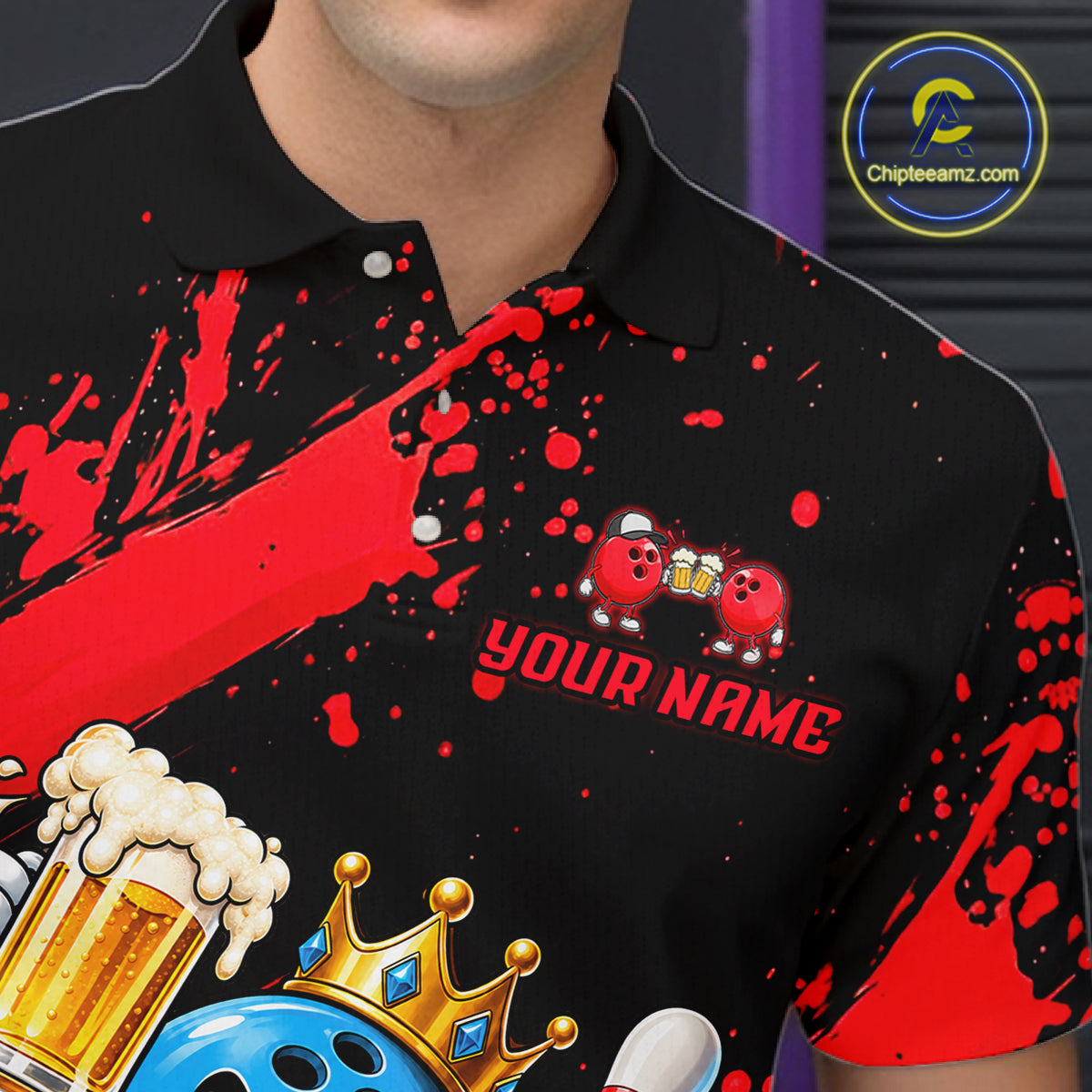 Custom Red Funny Beer Bowling Shirts for Men Crown Bowling Team Jersey Bowling Outfit QZT1275