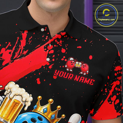 Custom Red Funny Beer Bowling Shirts for Men Crown Bowling Team Jersey Bowling Outfit QZT1275