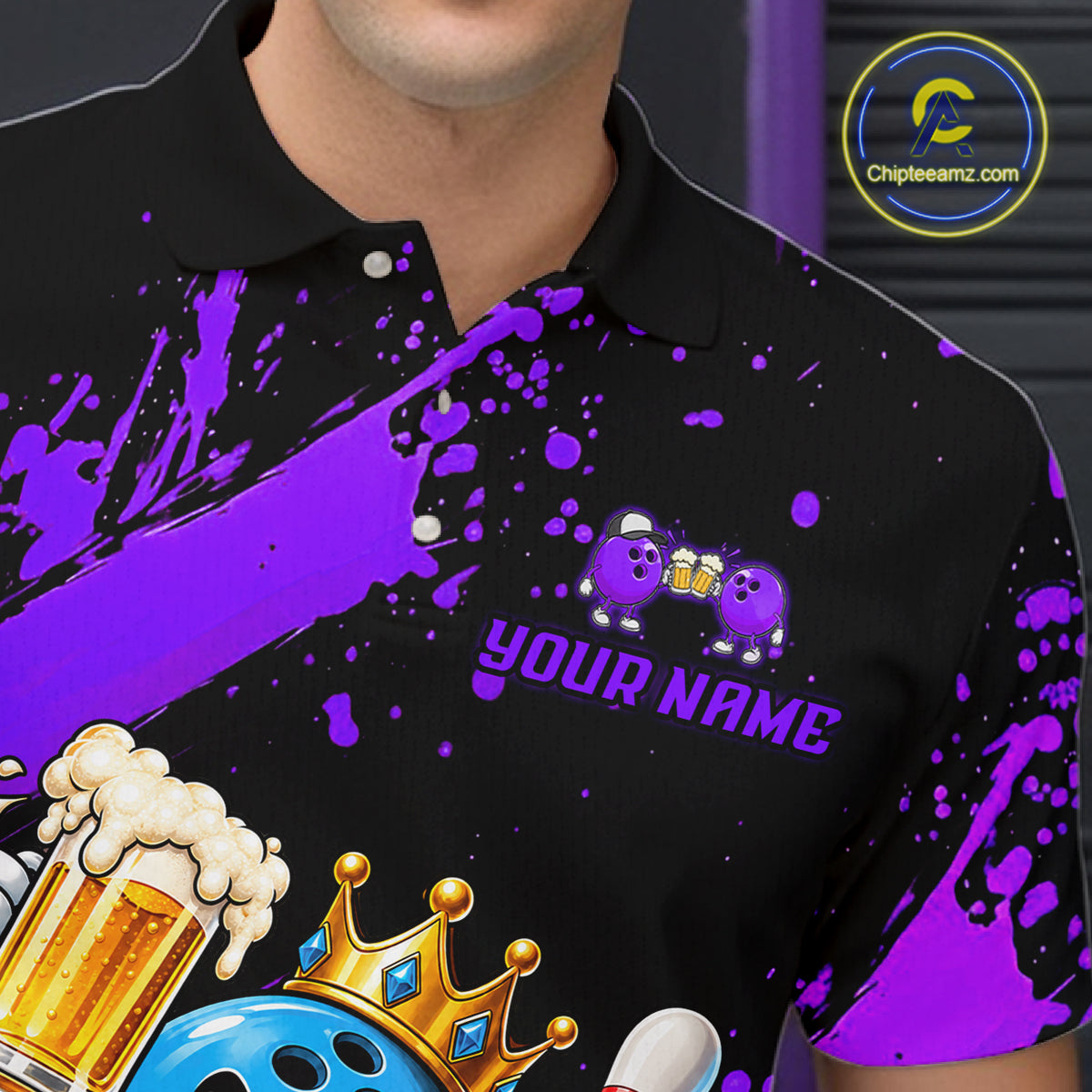 Custom Purple Funny Beer Bowling Shirts for Men Crown Bowling Team Jersey Bowling Outfit QZT1275