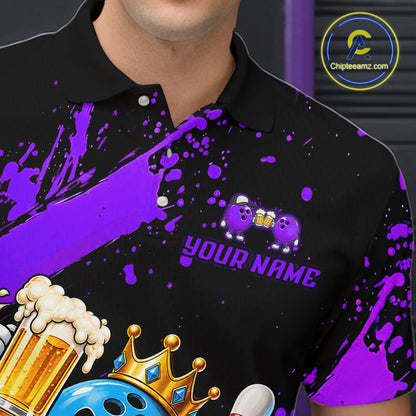 Custom Purple Funny Beer Bowling Shirts for Men Crown Bowling Team Jersey Bowling Outfit QZT1275