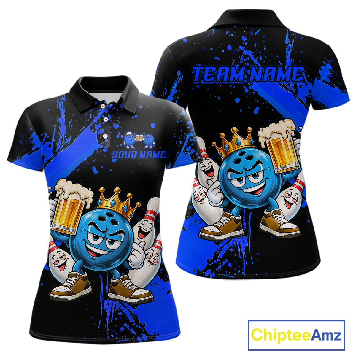 Custom Blue Funny Beer Bowling Shirts for Women Crown Bowling Team Jersey Bowling Outfit QZT1275