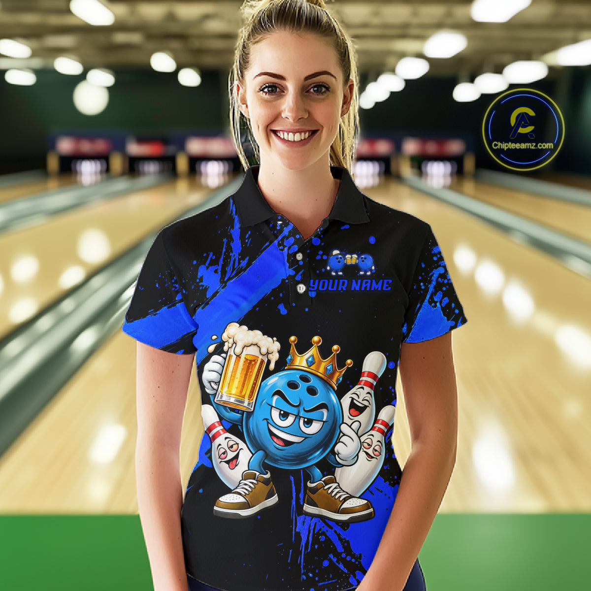Custom Blue Funny Beer Bowling Shirts for Women Crown Bowling Team Jersey Bowling Outfit QZT1275