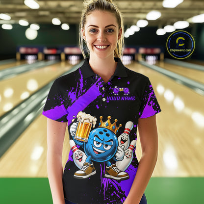 Custom Purple Funny Beer Bowling Shirts for Women Crown Bowling Team Jersey Bowling Outfit QZT1275