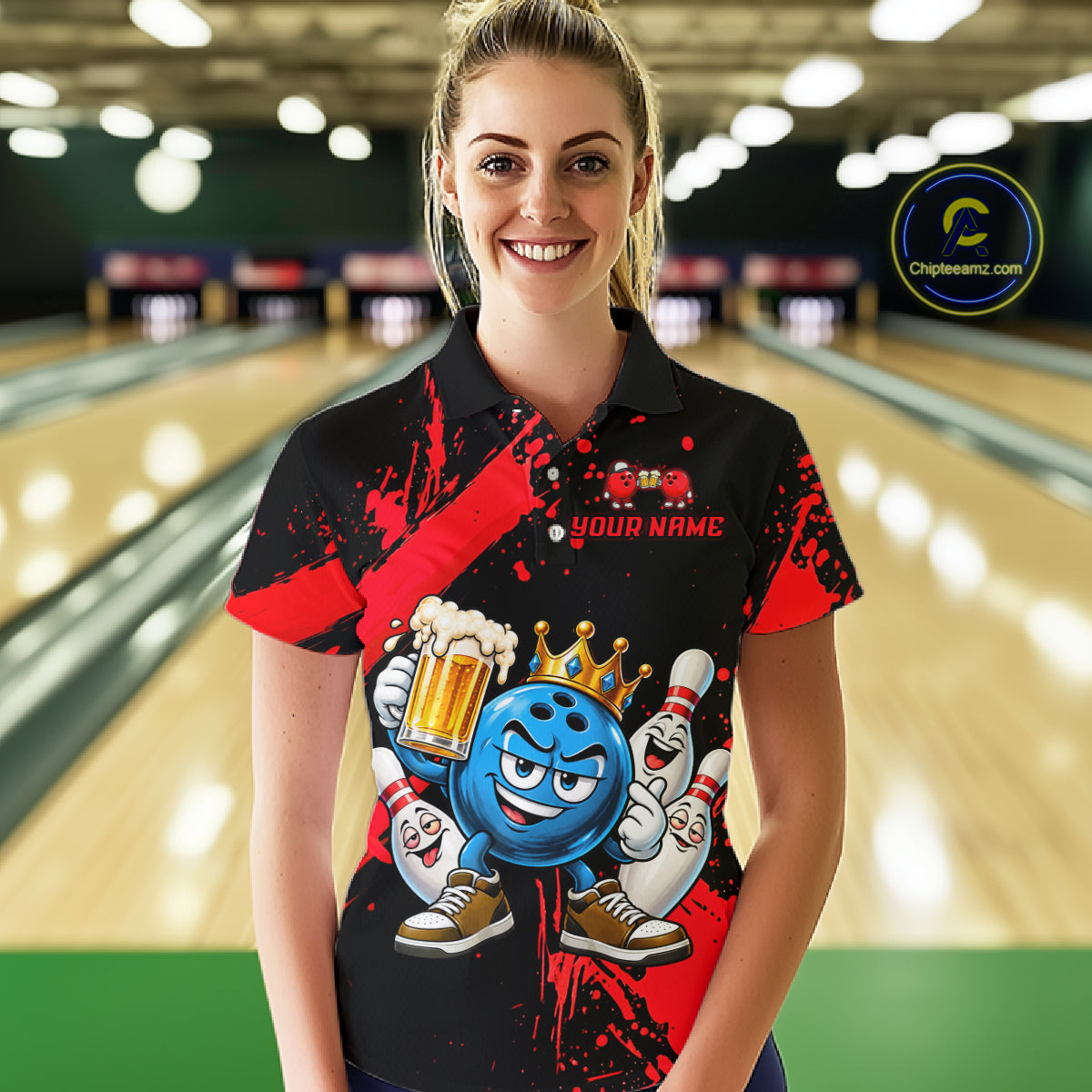 Custom Red Funny Beer Bowling Shirts for Women Crown Bowling Team Jersey Bowling Outfit QZT1275