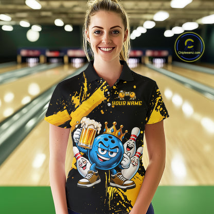 Custom Yellow Funny Beer Bowling Shirts for Women Crown Bowling Team Jersey Bowling Outfit QZT1275