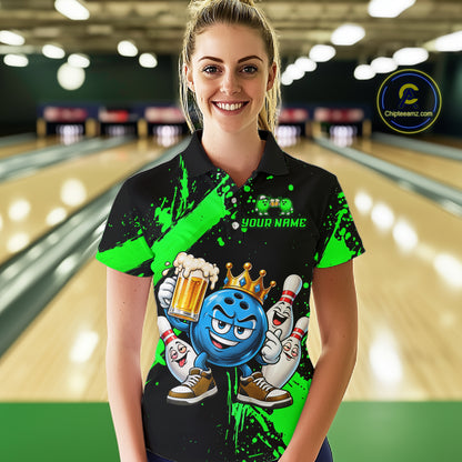 Custom Green Funny Beer Bowling Shirts for Women Crown Bowling Team Jersey Bowling Outfit QZT1275