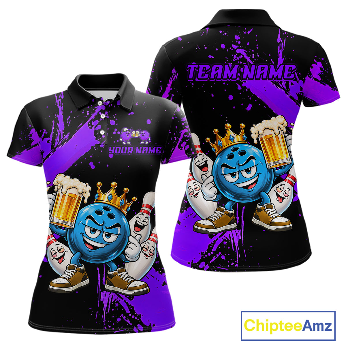 Custom Purple Funny Beer Bowling Shirts for Women Crown Bowling Team Jersey Bowling Outfit QZT1275