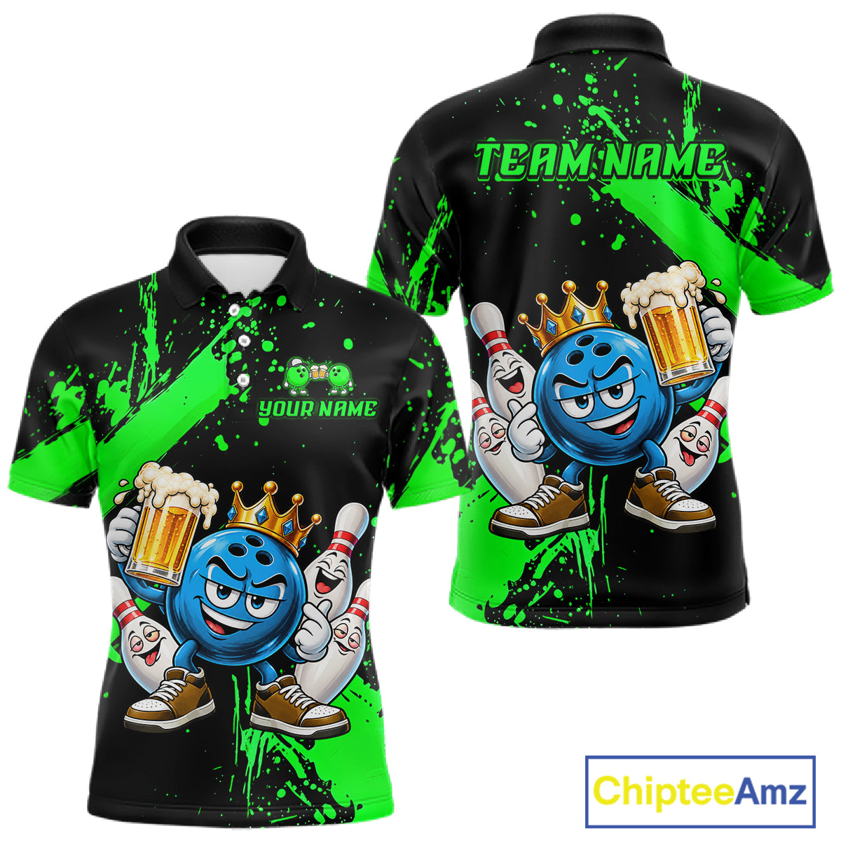 Custom Green Funny Beer Bowling Shirts for Men Crown Bowling Team Jersey Bowling Outfit QZT1275