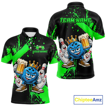 Custom Green Funny Beer Bowling Shirts for Men Crown Bowling Team Jersey Bowling Outfit QZT1275