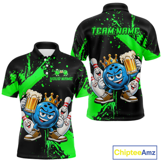 Custom Green Funny Beer Bowling Shirts for Men Crown Bowling Team Jersey Bowling Outfit QZT1275
