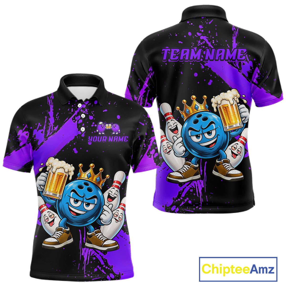 Custom Purple Funny Beer Bowling Shirts for Men Crown Bowling Team Jersey Bowling Outfit QZT1275