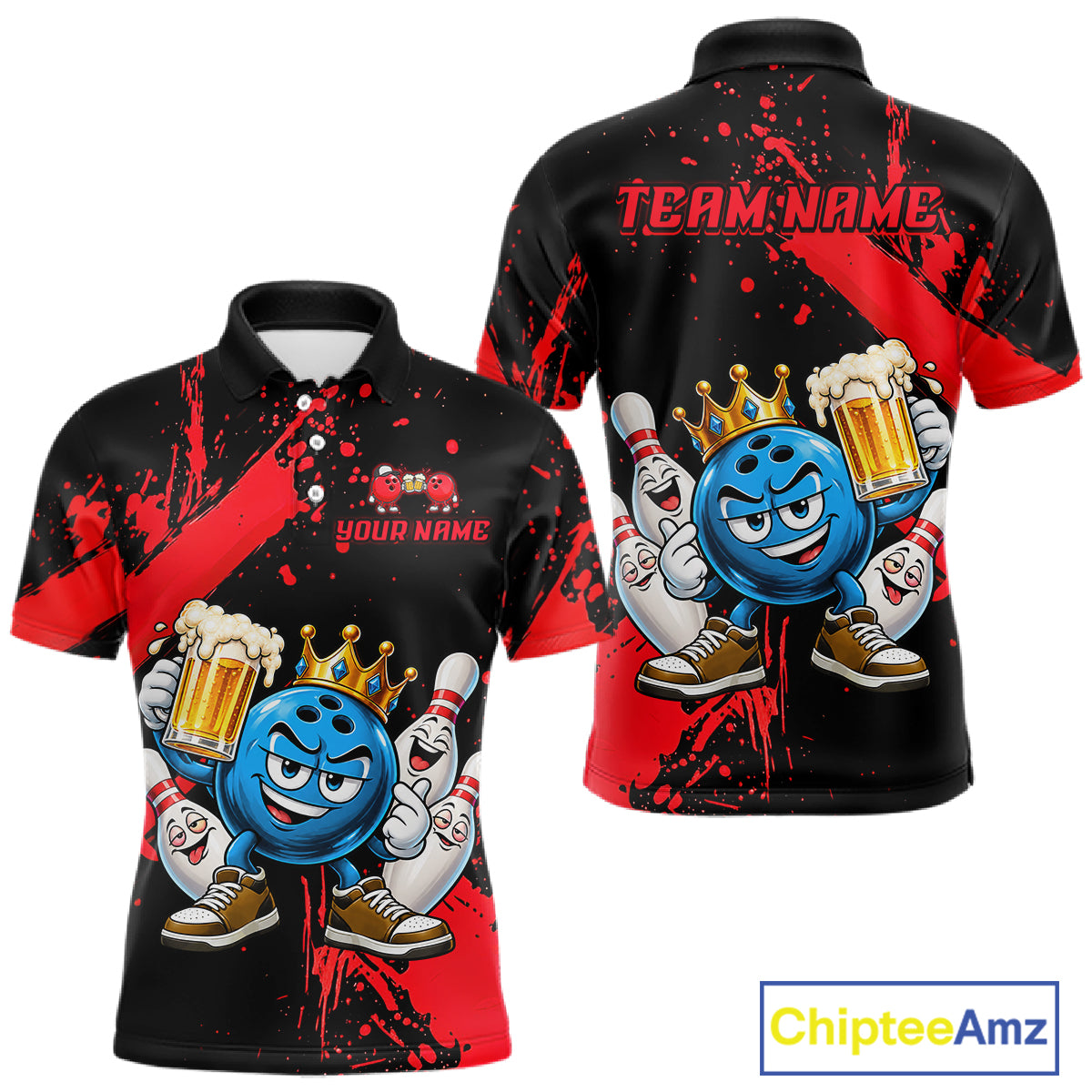 Custom Red Funny Beer Bowling Shirts for Men Crown Bowling Team Jersey Bowling Outfit QZT1275