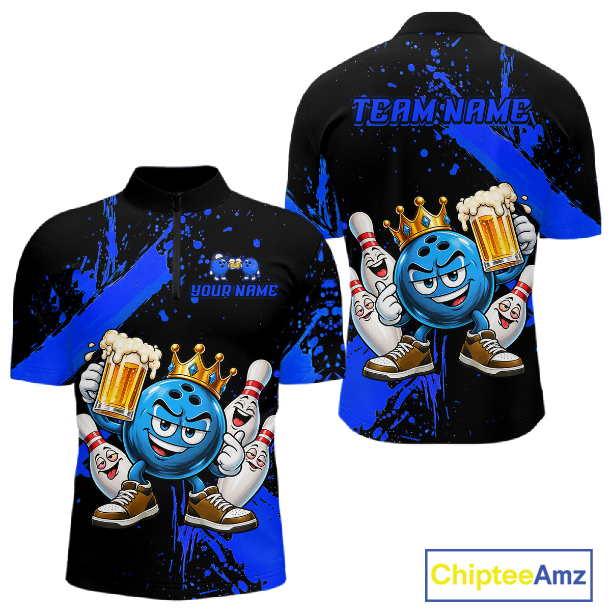 Custom Blue Funny Beer Bowling Shirts for Men Crown Bowling Team Jersey Bowling Outfit QZT1275