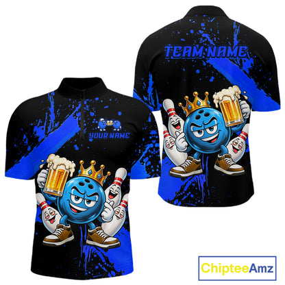 Custom Blue Funny Beer Bowling Shirts for Men Crown Bowling Team Jersey Bowling Outfit QZT1275