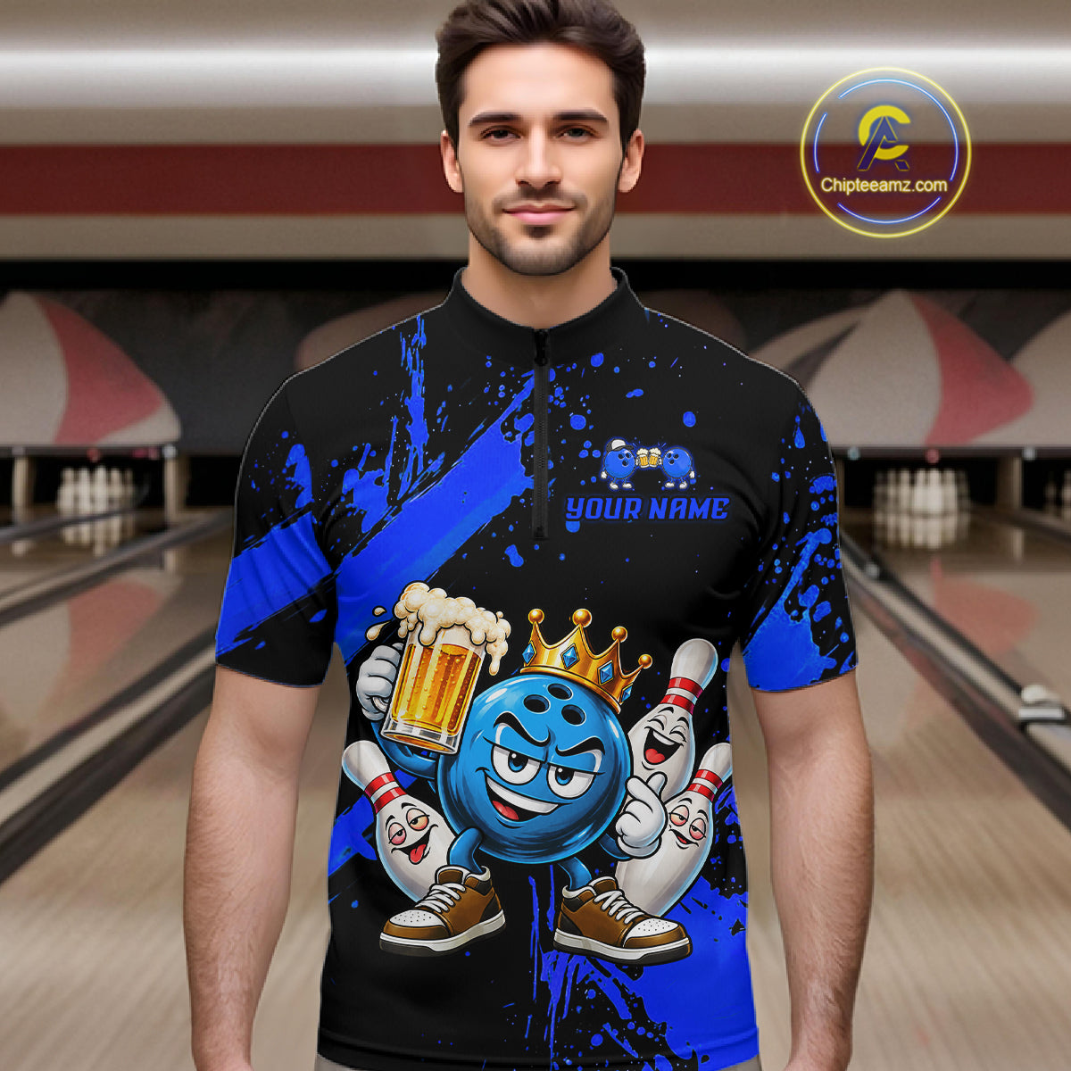 Custom Blue Funny Beer Bowling Shirts for Men Crown Bowling Team Jersey Bowling Outfit QZT1275