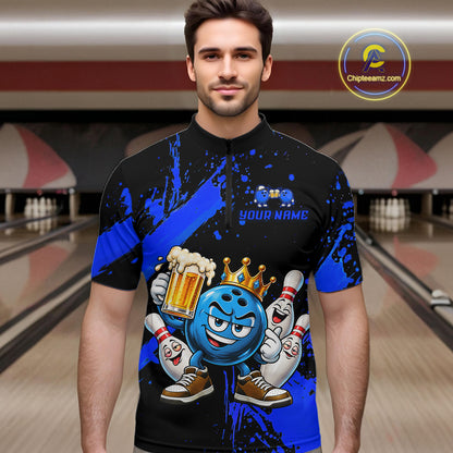 Custom Blue Funny Beer Bowling Shirts for Men Crown Bowling Team Jersey Bowling Outfit QZT1275