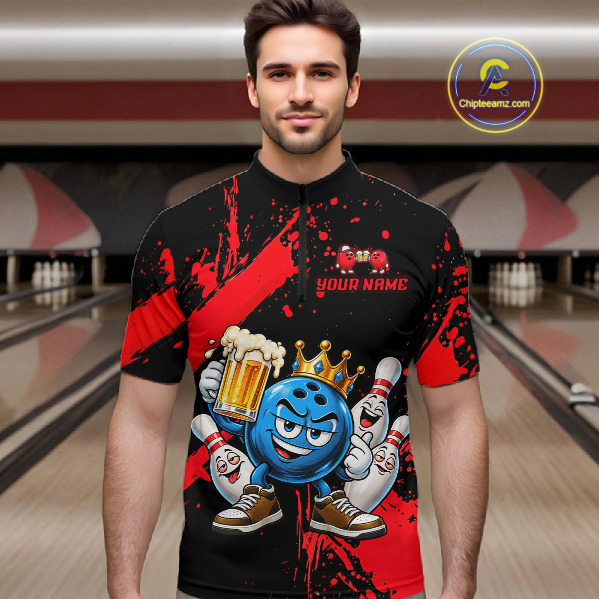 Custom Red Funny Beer Bowling Shirts for Men Crown Bowling Team Jersey Bowling Outfit QZT1275