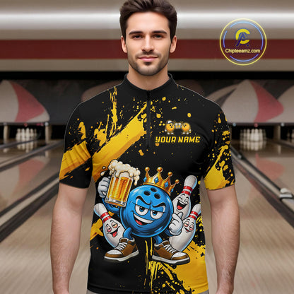 Custom Yellow Funny Beer Bowling Shirts for Men Crown Bowling Team Jersey Bowling Outfit QZT1275