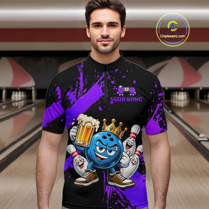 Custom Purple Funny Beer Bowling Shirts for Men Crown Bowling Team Jersey Bowling Outfit QZT1275