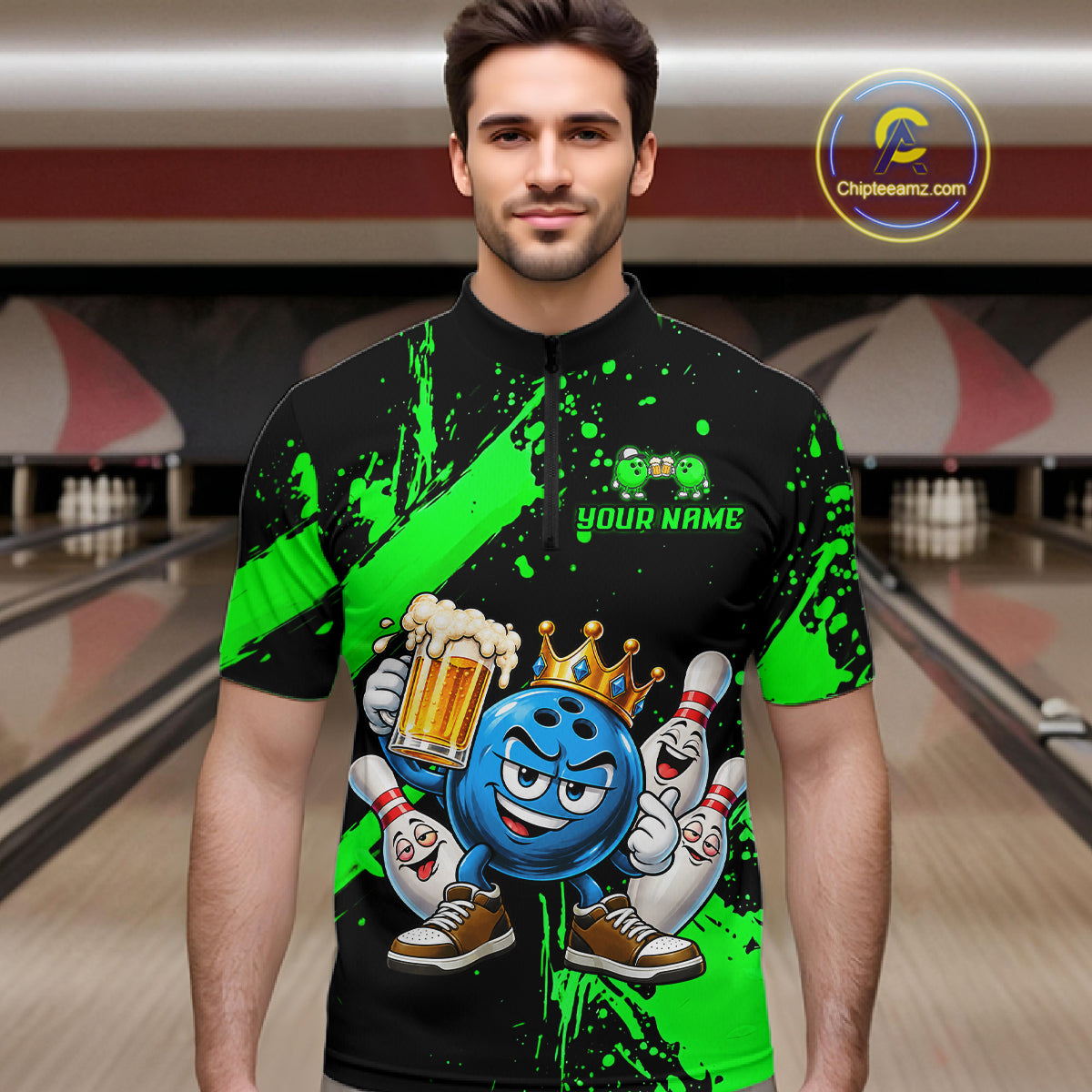 Custom Green Funny Beer Bowling Shirts for Men Crown Bowling Team Jersey Bowling Outfit QZT1275