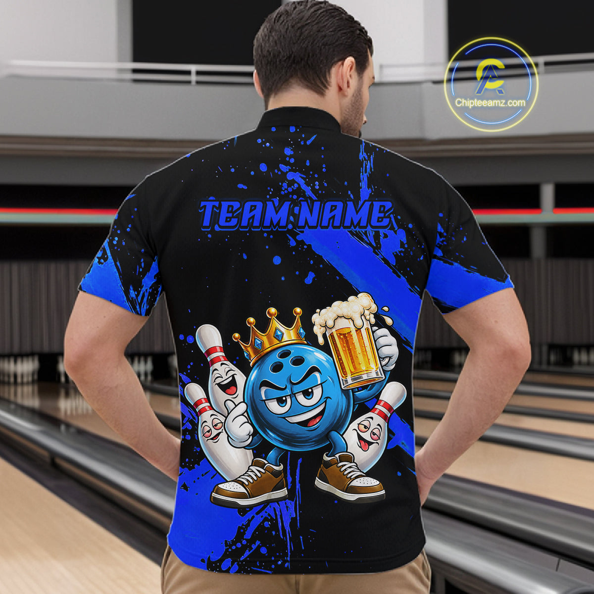 Custom Blue Funny Beer Bowling Shirts for Men Crown Bowling Team Jersey Bowling Outfit QZT1275