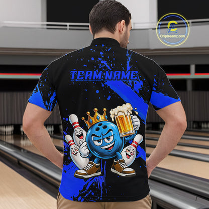Custom Blue Funny Beer Bowling Shirts for Men Crown Bowling Team Jersey Bowling Outfit QZT1275