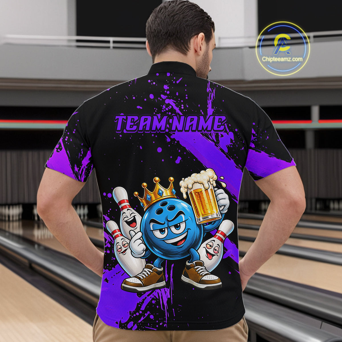 Custom Purple Funny Beer Bowling Shirts for Men Crown Bowling Team Jersey Bowling Outfit QZT1275